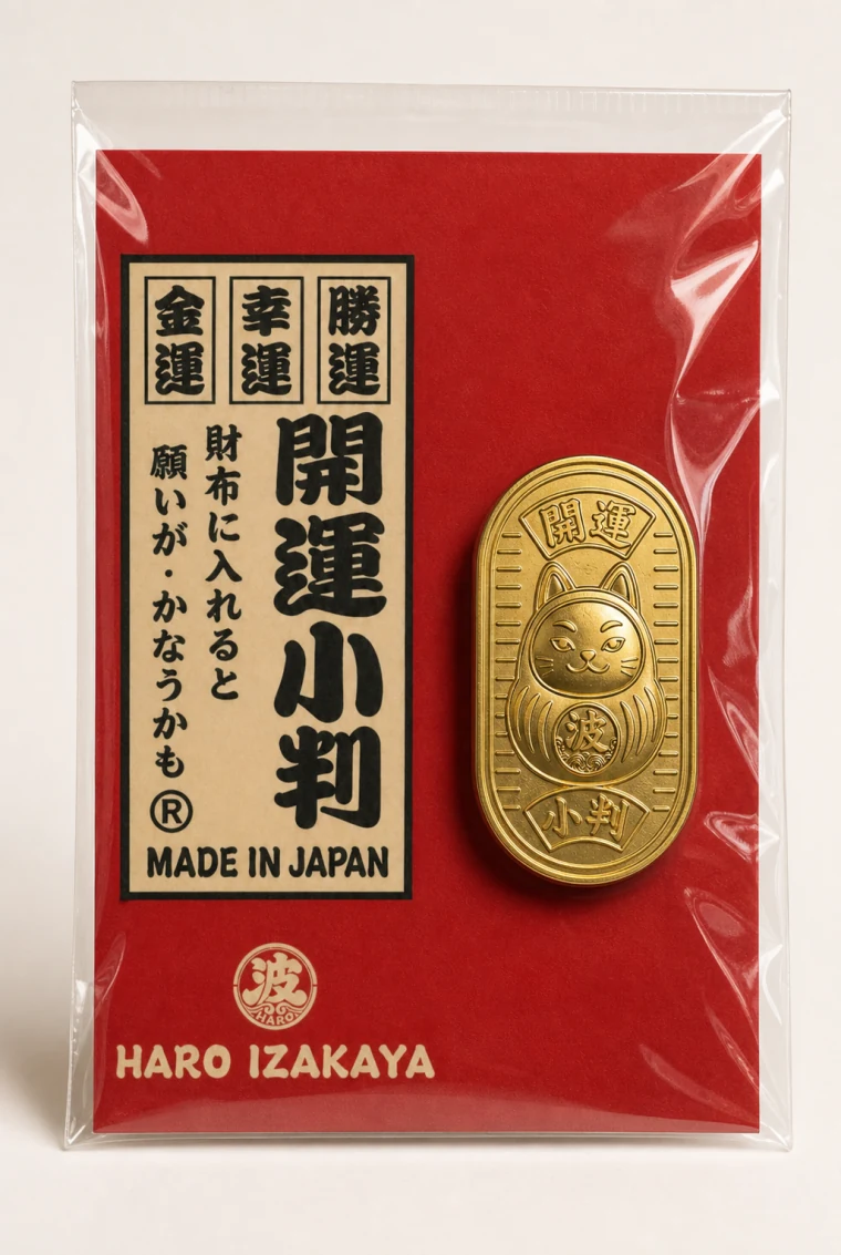 HARO lucky cat koban ornament in red packaging